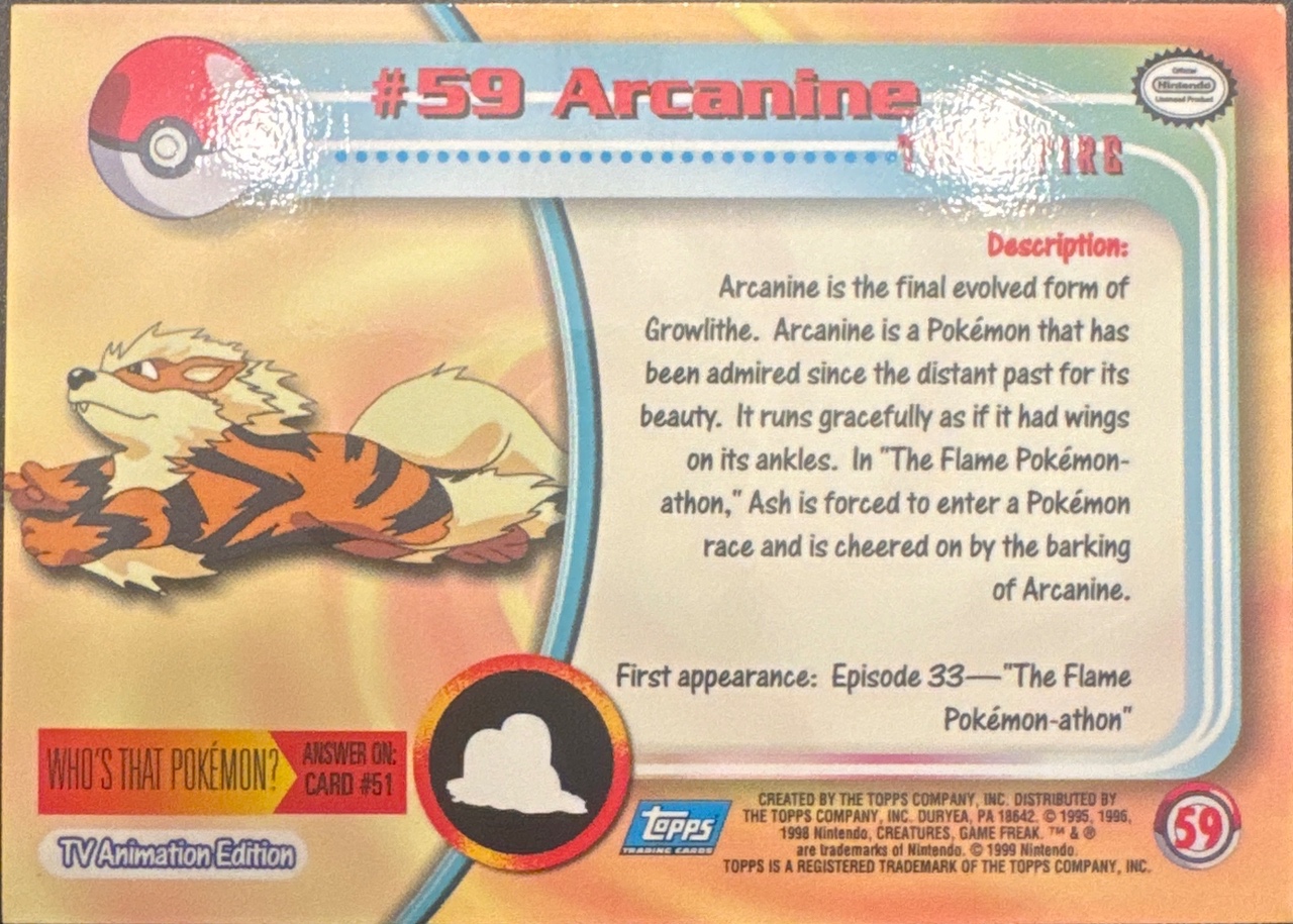 Arcanine card #59, Pokemon Topps Series 1 (1999), back